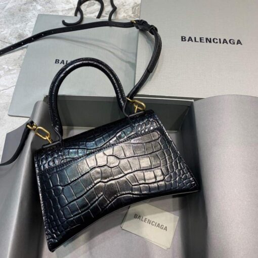 Replica Balenciaga 593546 Hourglass Small Top Handle Crocodile Bag Black Gold 2