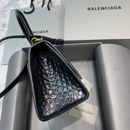 Replica Balenciaga 593546 Hourglass Small Top Handle Crocodile Bag Black Gold 3