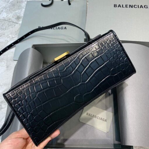 Replica Balenciaga 593546 Hourglass Small Top Handle Crocodile Bag Black Gold 4