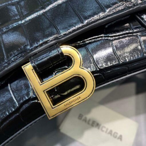 Replica Balenciaga 593546 Hourglass Small Top Handle Crocodile Bag Black Gold 5