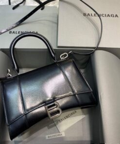 Replica Balenciaga 593546 Hourglass Small Top Handle Calfskin Bag Black Silver