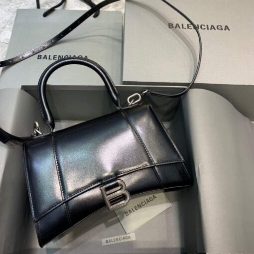 Replica Balenciaga 593546 Hourglass Small Top Handle Calfskin Bag Black Silver