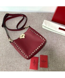 Replica Valentino 2B0C17V Mini Rockstud Grainy Calfskin Hobo Bag 50029 Wine Red