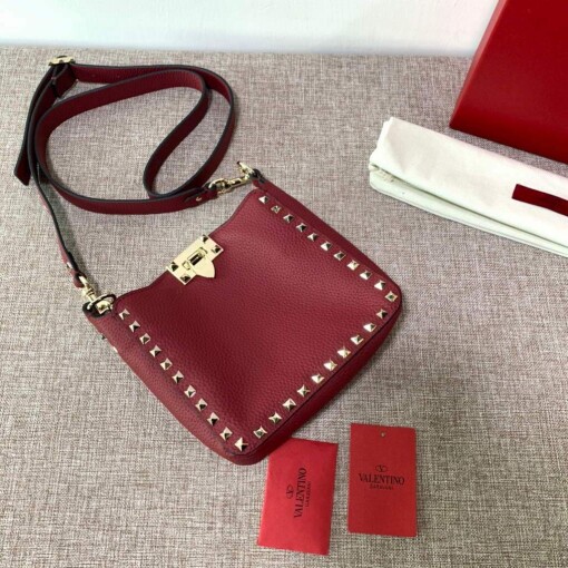 Replica Valentino 2B0C17V Mini Rockstud Grainy Calfskin Hobo Bag 50029 Wine Red