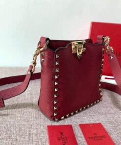 Replica Valentino 2B0C17V Mini Rockstud Grainy Calfskin Hobo Bag 50029 Wine Red 2