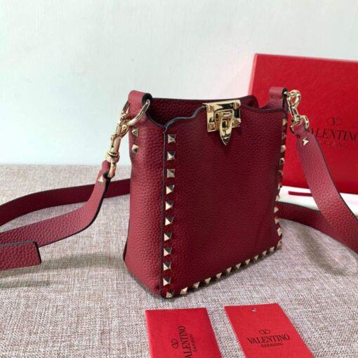 Replica Valentino 2B0C17V Mini Rockstud Grainy Calfskin Hobo Bag 50029 Wine Red 2