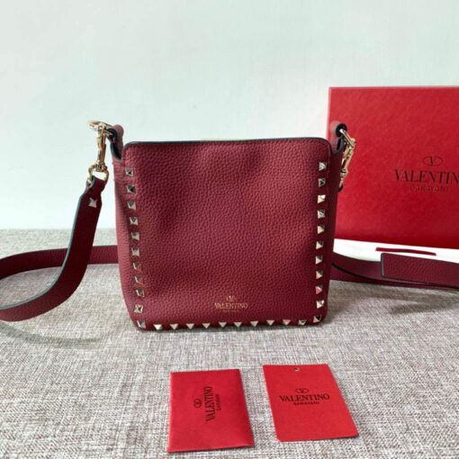 Replica Valentino 2B0C17V Mini Rockstud Grainy Calfskin Hobo Bag 50029 Wine Red 4