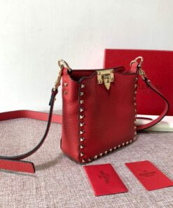 Replica Valentino 2B0C17V Mini Rockstud Grainy Calfskin Hobo Bag 50029 Red 2