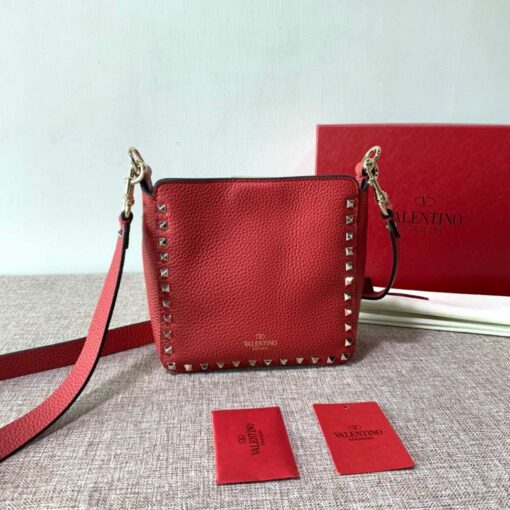 Replica Valentino 2B0C17V Mini Rockstud Grainy Calfskin Hobo Bag 50029 Red 4