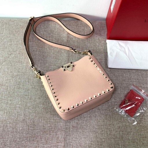 Replica Valentino 2B0C17V Mini Rockstud Grainy Calfskin Hobo Bag 50029 Pink