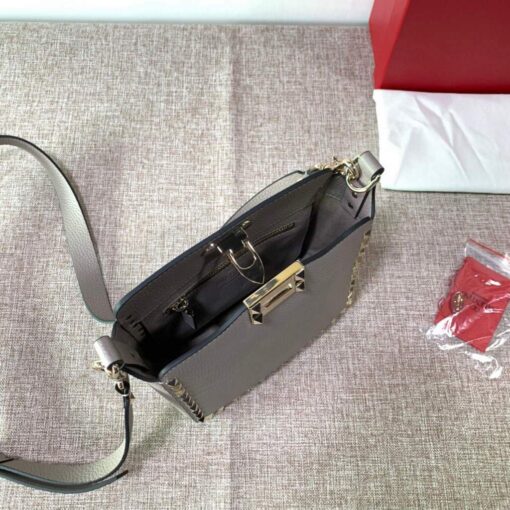 Replica Valentino 2B0C17V Mini Rockstud Grainy Calfskin Hobo Bag 50029 Gray 5