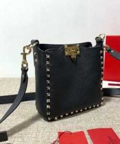 Replica Valentino 2B0C17V Mini Rockstud Grainy Calfskin Hobo Bag 50029 Black 2