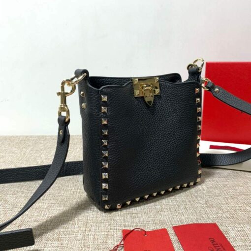 Replica Valentino 2B0C17V Mini Rockstud Grainy Calfskin Hobo Bag 50029 Black 2