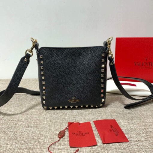 Replica Valentino 2B0C17V Mini Rockstud Grainy Calfskin Hobo Bag 50029 Black 4