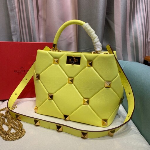 Replica Valentino 2021 Roman Stud The Handle Bag In Nappa 0097L Yellow