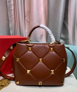 Replica Valentino 2021 Roman Stud The Handle Bag In Nappa 0097L Brown 2