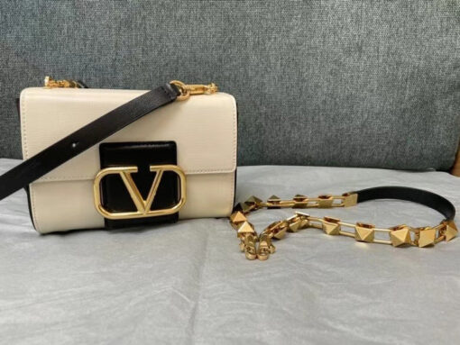 Replica Valentino XW2B0J96 Stud Sign Grainy Calfskin Shoulder Bag Beige and Black 7