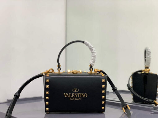 Replica Valentino 7300 Rockstud Alcove Grainy Calfskin BOX Bag XW2B0J73 Black 2