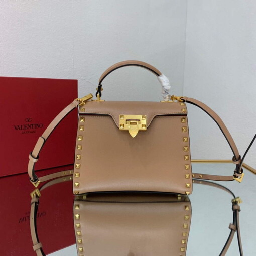 Replica Valentino 71000 Small Rockstud Alcove Handbag In Grainy Calfskin XW2B0J71 Apricot