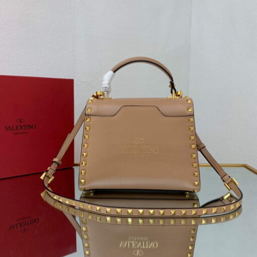 Replica Valentino 71000 Small Rockstud Alcove Handbag In Grainy Calfskin XW2B0J71 Apricot 2