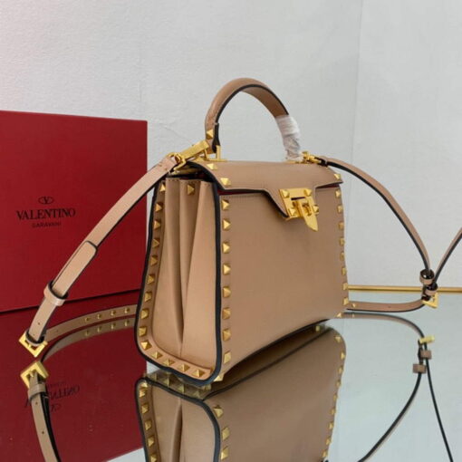 Replica Valentino 71000 Small Rockstud Alcove Handbag In Grainy Calfskin XW2B0J71 Apricot 3