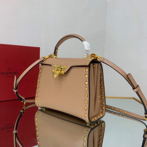 Replica Valentino 71000 Small Rockstud Alcove Handbag In Grainy Calfskin XW2B0J71 Apricot 4