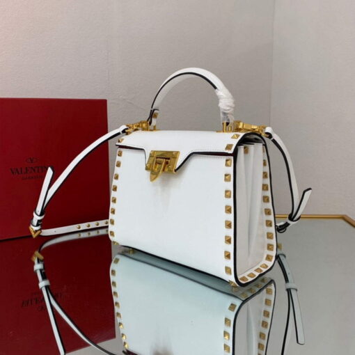 Replica Valentino 71000 Small Rockstud Alcove Handbag In Grainy Calfskin XW2B0J71 White 3