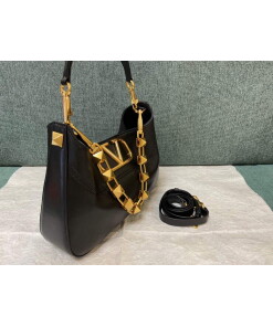 Replica Valentino V0570 Stud Sign Grainy Calfskin Hobo Bag Black