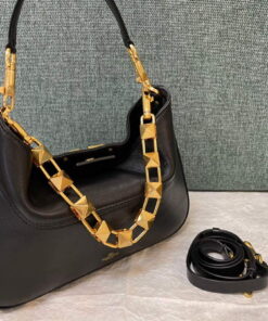 Replica Valentino V0570 Stud Sign Grainy Calfskin Hobo Bag Black 2