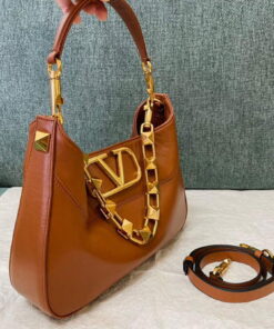 Replica Valentino V0570 Stud Sign Grainy Calfskin Hobo Bag Brown 2