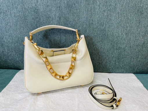 Replica Valentino V0570 Stud Sign Grainy Calfskin Hobo Bag Light Ivory 2