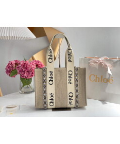 Replica Chloe 383E6691J Medium Woody Tote Bag in Cotton Canvas Black