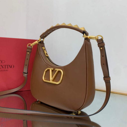 Replica Valentino WB0K69EIM Stud Sign Calfskin Hobo Bag Brown 2