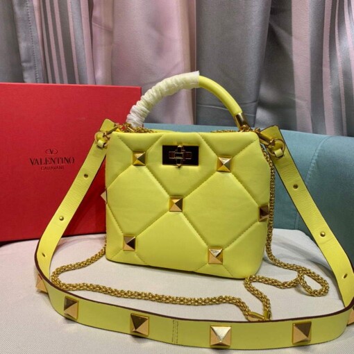 Replica Valentino 0097S Small Roman Stud The Handle Bag In Nappa Yellow