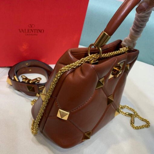 Replica Valentino 0097S Small Roman Stud The Handle Bag In Nappa Brown 3