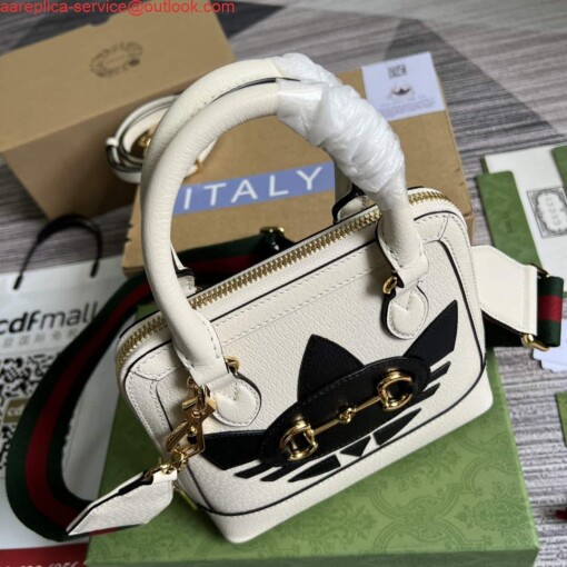 Replica Adidas x Gucci 677212 Horsebit 1955 mini bag white and Black leather 4