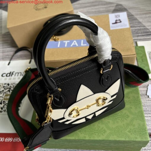 Replica Adidas x Gucci 677212 Horsebit 1955 mini bag Black and white leather 6