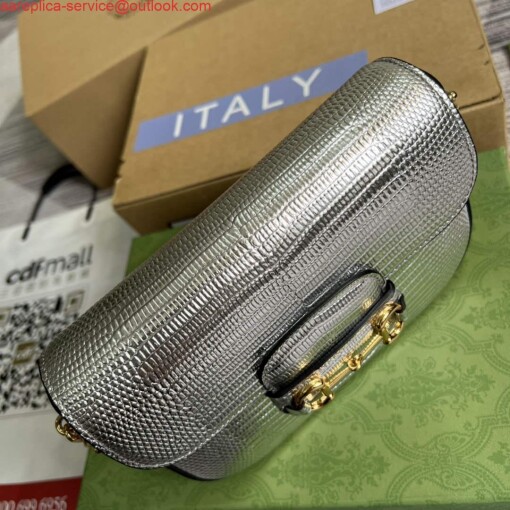 Replica Gucci 675801 Horsebit 1955 lizard mini bag silver leather 3