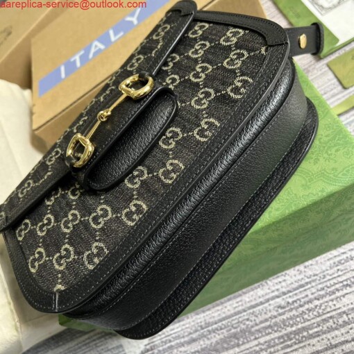 Replica Gucci Horsebit 1955 shoulder bag 602204 Black and ivory GG denim jacquard 5