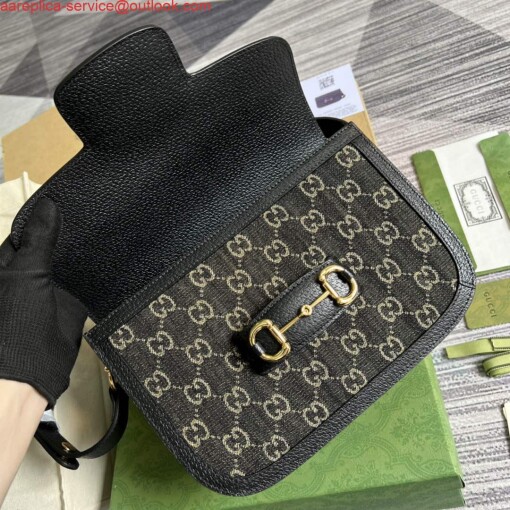 Replica Gucci Horsebit 1955 shoulder bag 602204 Black and ivory GG denim jacquard 6