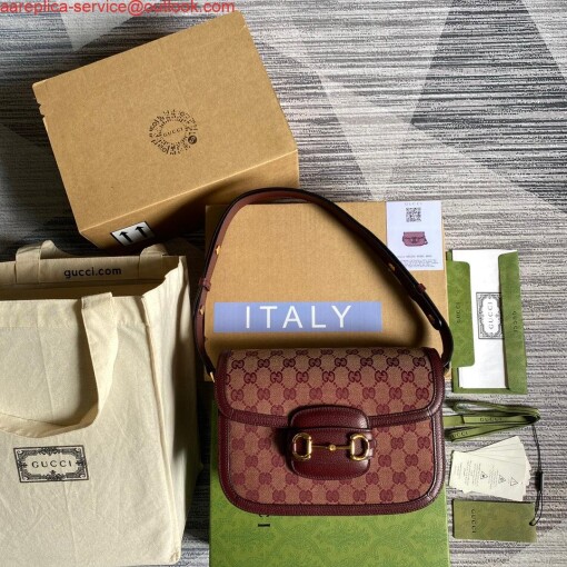 Replica Gucci Horsebit 1955 shoulder bag 602204 Beige and burgundy Original GG canvas 3