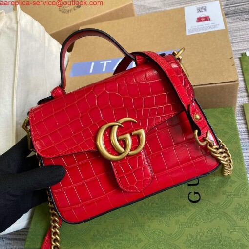 Replica Gucci ‎547260 GG Marmont Mini Crocodile Pattern Top Handle Bag Red 5