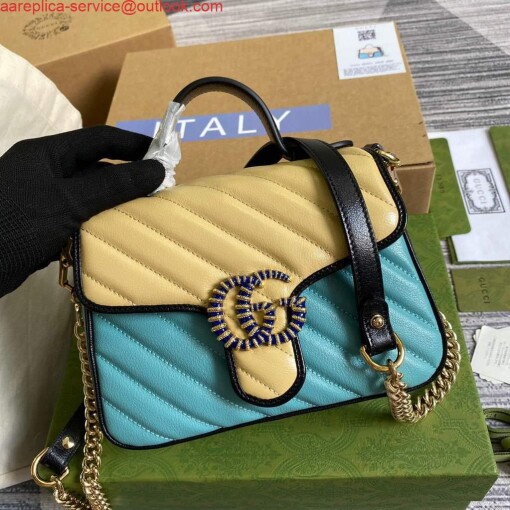 Replica Gucci 583571 GG Marmont Multicolour mini top handle bag Blue and Beige 4