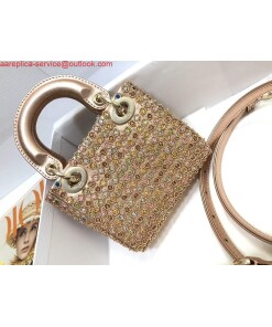 Replica Dior S0856 MICRO LADY DIOR BAG Horizon Gold Metallic Cannage Lambskin With Round Diamond