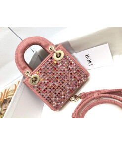 Replica Dior S0856 Micro Lady Dior Bag Square Embroidery Set with Pink Multicolor Strass