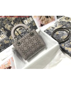 Replica Dior M0505 Mini Dior Lady Bag Gray Metallic Cannage Lambskin with Beaded Embroidery