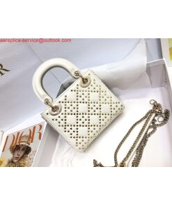 Replica Dior M0505 Mini Dior Lady Bag White Metallic Cannage Lambskin with Beaded Embroidery