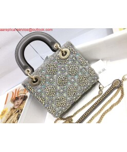 Replica Dior M0505 Mini Dior Lady Bag Metallic Calfskin and Satin with Gray Resin Pearl Embroidery