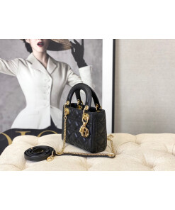 Replica Dior M0505 Mini Dior Lady Bag Black Cannage lambskin Gold