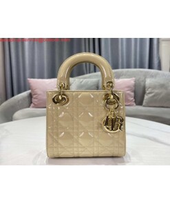 Replica Dior M0505 Mini Lady Dior Bag Apricot Gold Patent Cannage Calfskin